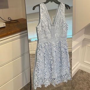 Baby blue lace cocktail dress.